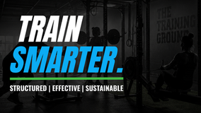 Dark gym with two women lifting and rowing; bold text says TRAIN SMARTER. and STRUCTURED | EFFECTIVE | SUSTAINABLE.