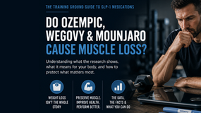 Fitness poster about GLP-1 meds and muscle loss, with a pensive man, dumbbell, scale and tablet in a gym; blue text.