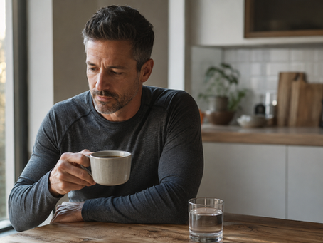 Man drinking black coffee with a glass of water during a morning fast.