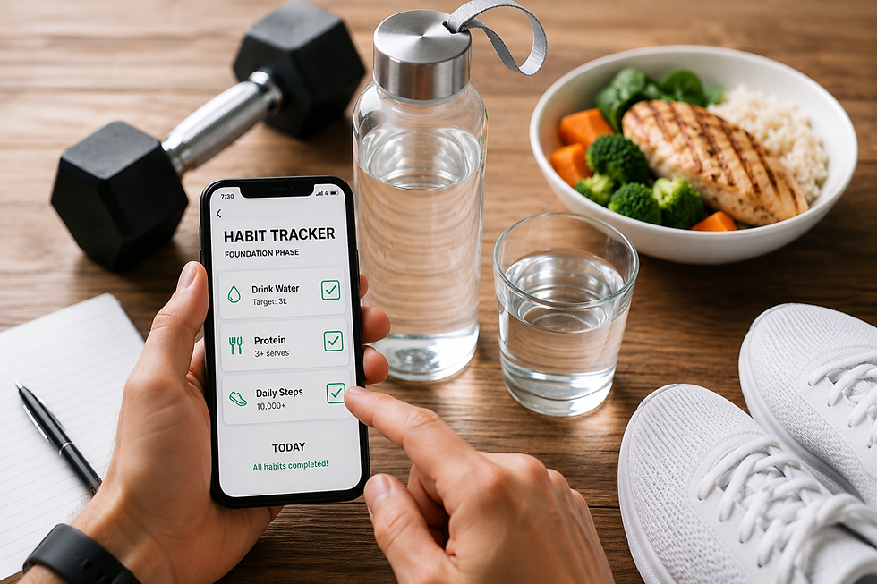 Healthy items faded in the background with the focus on the Habit Tracker on a phone with the days habits being ticked off.