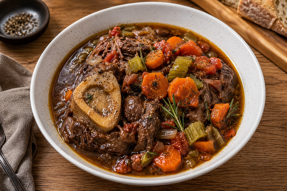 Hearty beef stew with bone marrow, carrots, celery, and tomatoes in a white bowl on a wooden table, with bread nearby.
