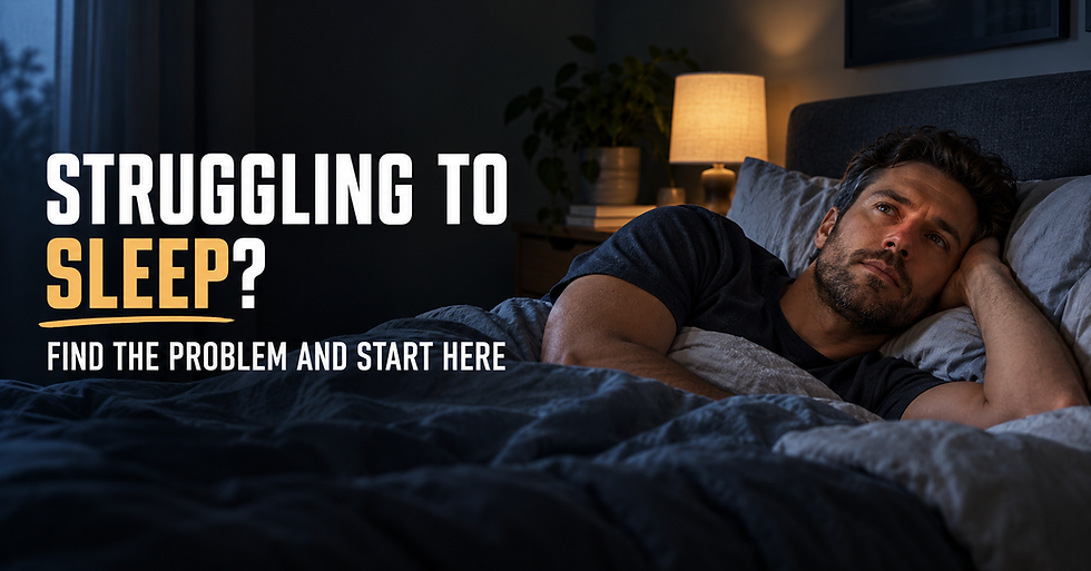 Man lying awake in bed at night beside a glowing lamp; text says Struggling to sleep? Find the problem and start here.