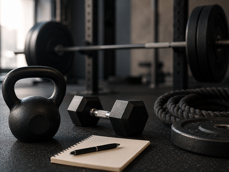 Strength training equipment arranged in a gym, symbolising the five principles of effective training programs including recovery, progressive overload and consistency.