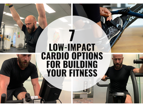 Collage of a bearded man on low-impact gym cardio machines, with bold text: 7 Low-Impact Cardio Options for Building Your Fitness