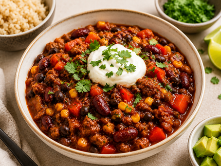 Lean beef chilli made with extra lean beef mince, kidney beans, black beans, corn and vegetables, topped with Greek yoghurt and fresh coriander. A high-protein, high-fibre dinner recipe ideal for meal prep.