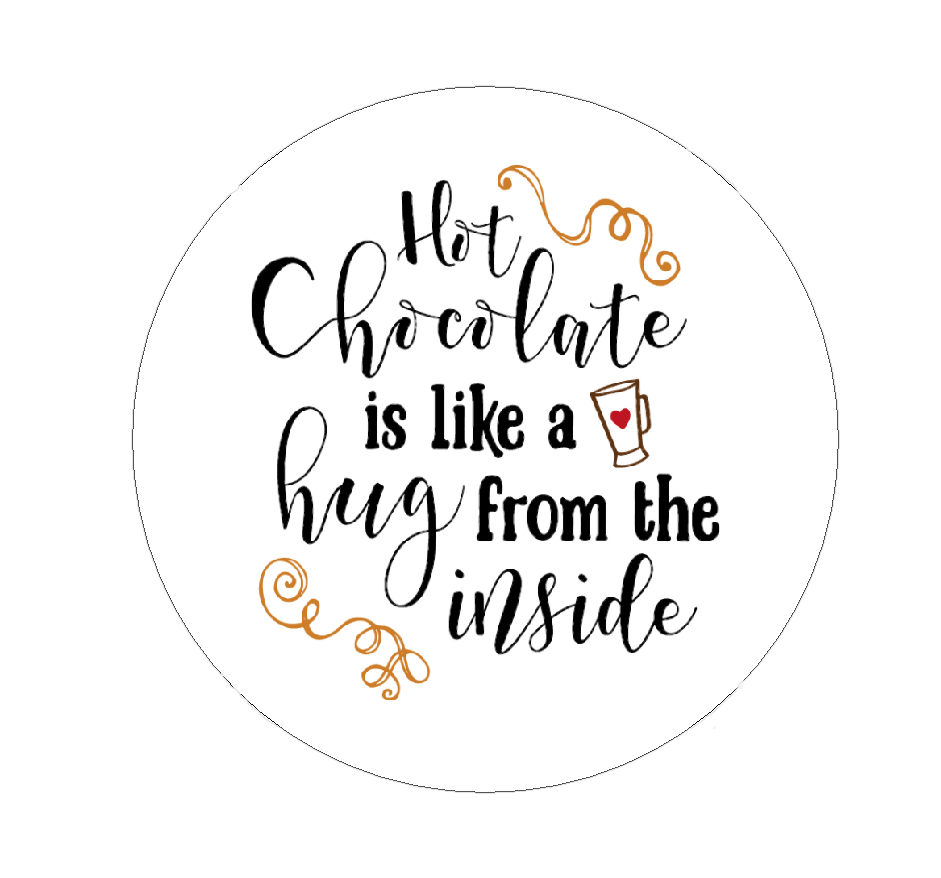 Small Circular Hot Chocolate Stickers Like a Hug from the inside labels