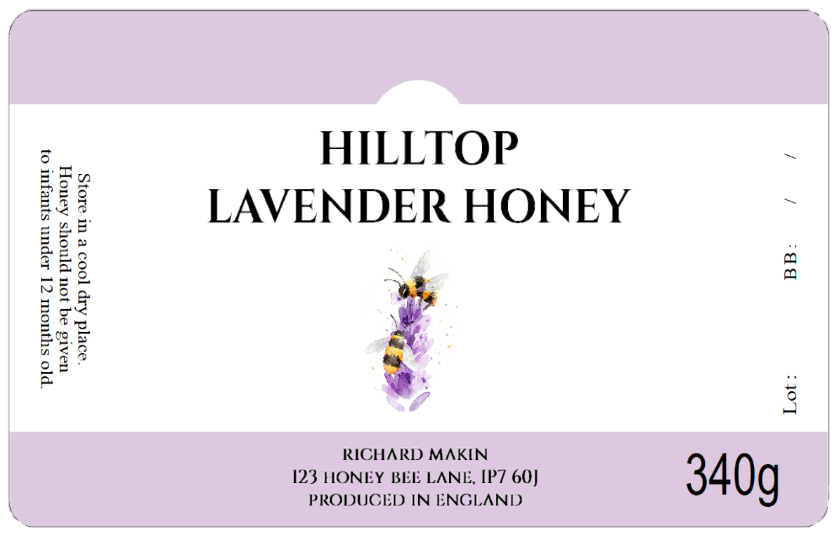 Personalised Lavender honey jar labels with legislation details
