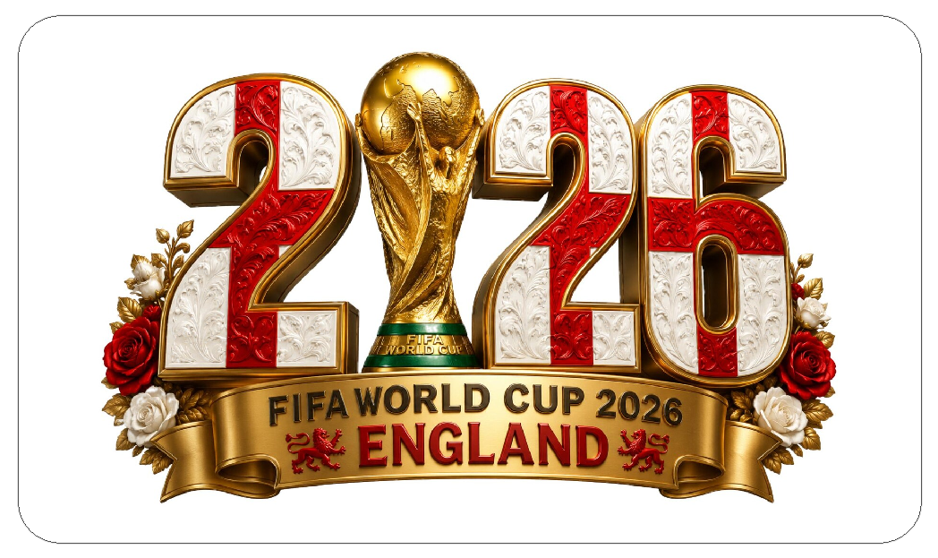 World Cup 2026 England Flag and World Cup Trophy reading 2026