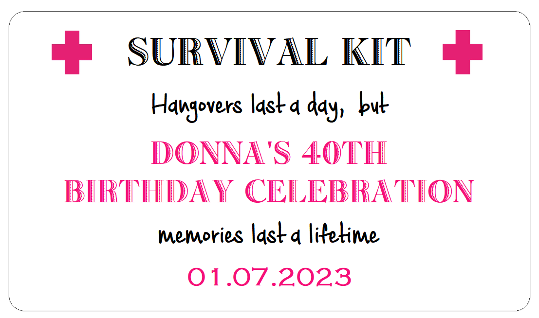 Pink Birthday Survival Kit Stickers | Large Hangover Kit Labels