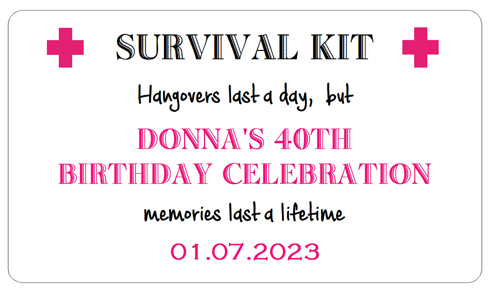 Pink Birthday Survival Kit Stickers | Large Hangover Kit Labels