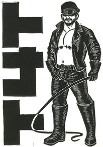 Trans masc leather daddy holding a whip and “T4T” in big, bold letters on the side