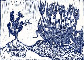 Leopard drinking water from a hearts that is punctured by an arrow against a nopal (cactus) with a butterfly, the leopard is peaking through a corn field that spells Zapopan.