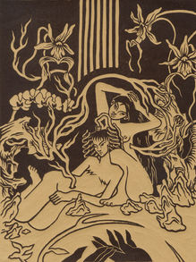 A T4T couple reclines between floating stones and orchids.They are connected by a web of blood vessels. One figure’s rib cage is exposed, with the rib bones cradling the head of the other figure.