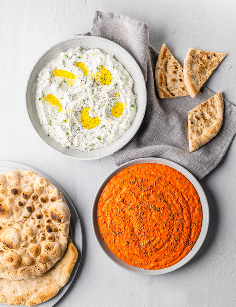 Flat Breads with Red Pepper Dip and the Ultimate Tzatziki