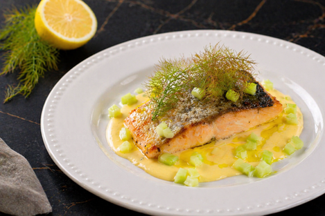 Salmon with Hollandaise, Pickled Cucumber & Lemon