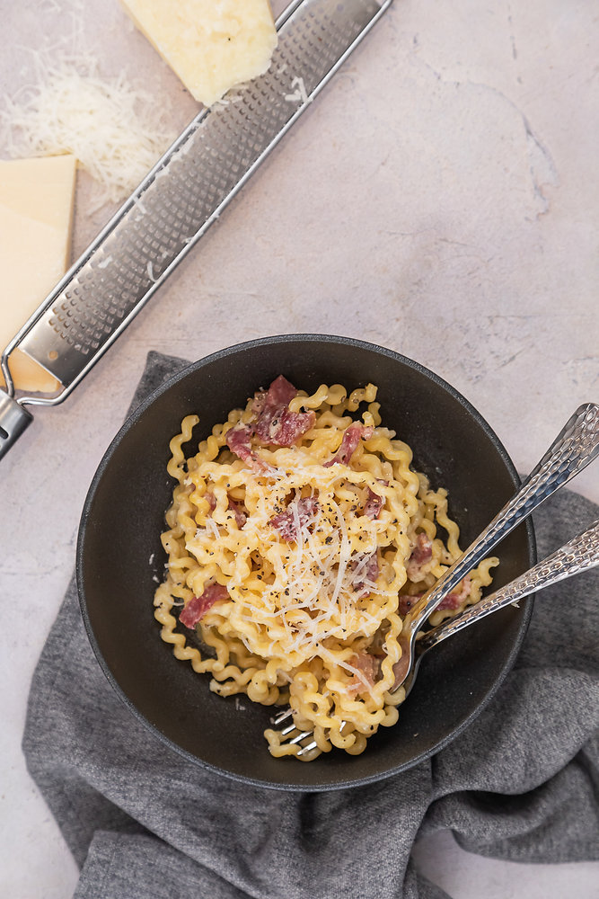 Fusilli Lunghi Pasta with Guanciale, Pecorino and Parmesan Cheese