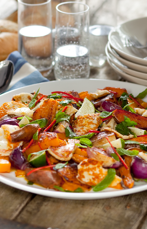 Hallumi Cheese with Roasted Sweet potato, Squash and Red Onion