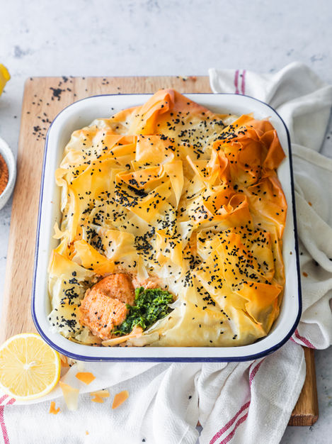 Golden filo Tikka Salmon and Spinach Pie with crispy layers and nigella seeds — Peter Sidwell recipe