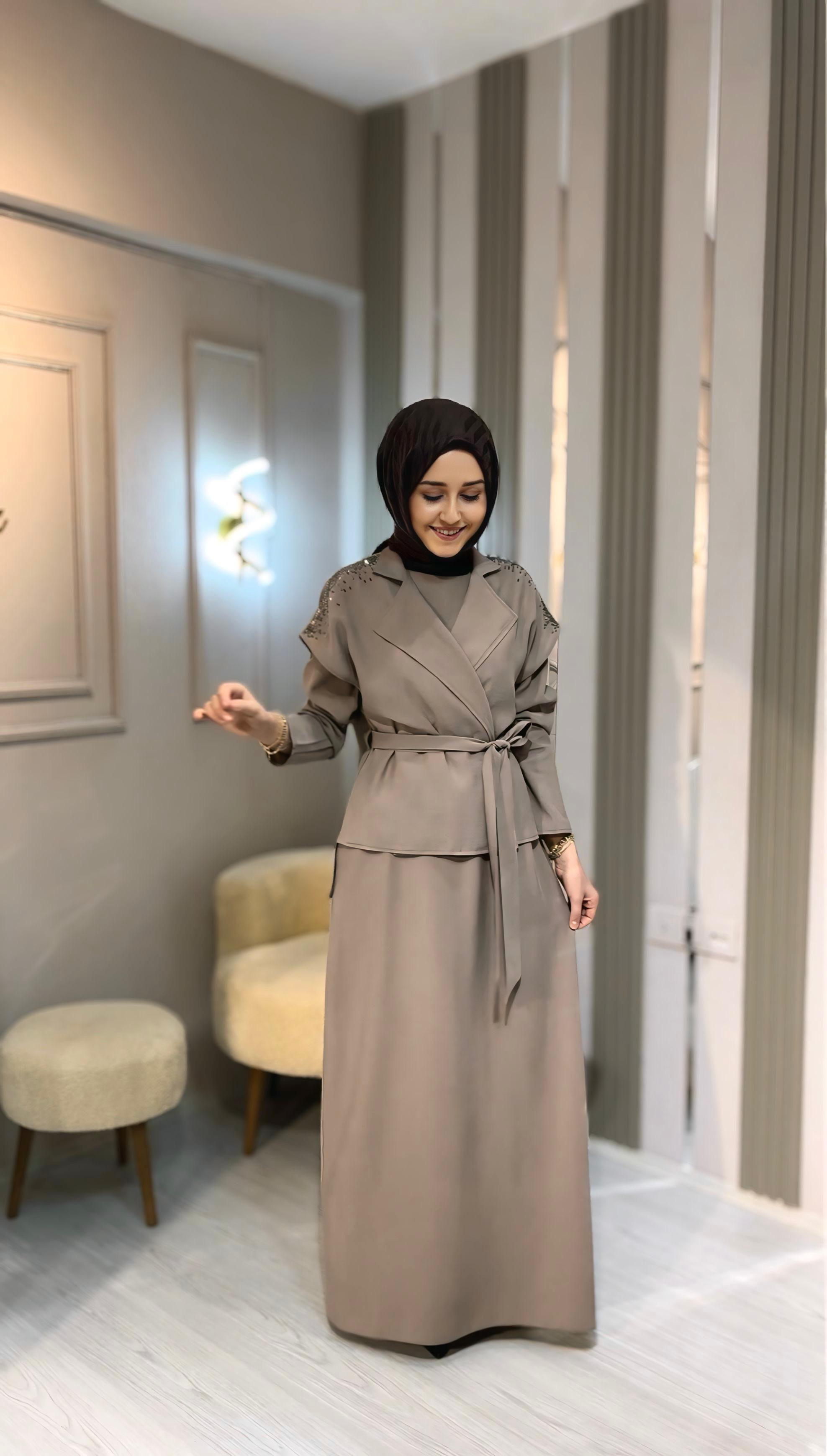 MODAL KUPRA YELEKLİ ELBİSE -Vizon-