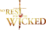 Logo with Gold lettering 'no rest for the wicked' with a sword down the middle