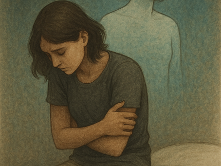 Jovem sorridente de cabelos castanhos escreve em um caderno sobre uma mesa de trabalho bagunçada, com papéis espalhados, um notebook aberto e um porta-lápis com tesouras. Ela parece concentrada e feliz, usando uma blusa azul de manga comprida.