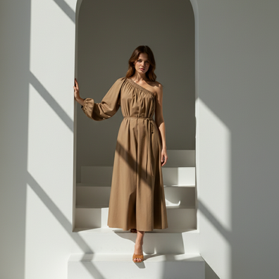Adele one shoulder long sleeve maxi dress in olive colour cotton fabric