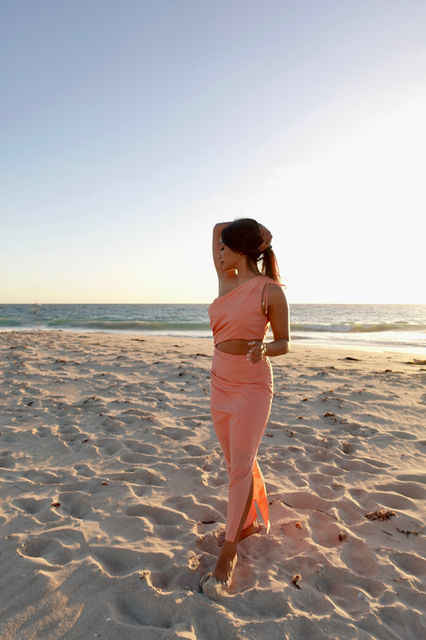 WKND the label Olivia peach linen one shoulder maxi dress as seen on Mira