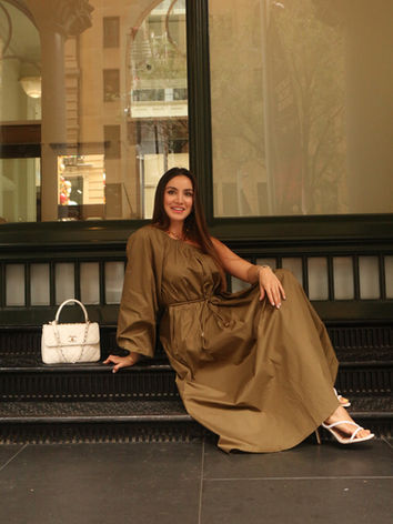 WKND the label Adele olive cotton one sleeve maxi dress as seen on Natalia