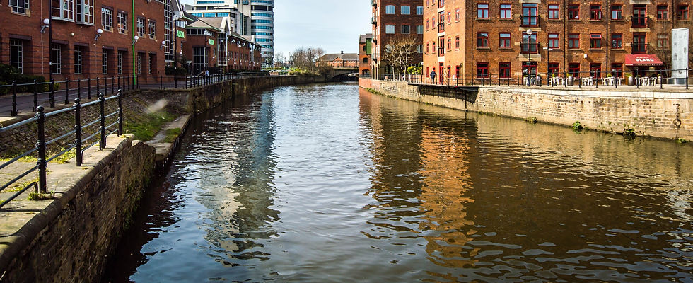 View along river between high-rise buildings