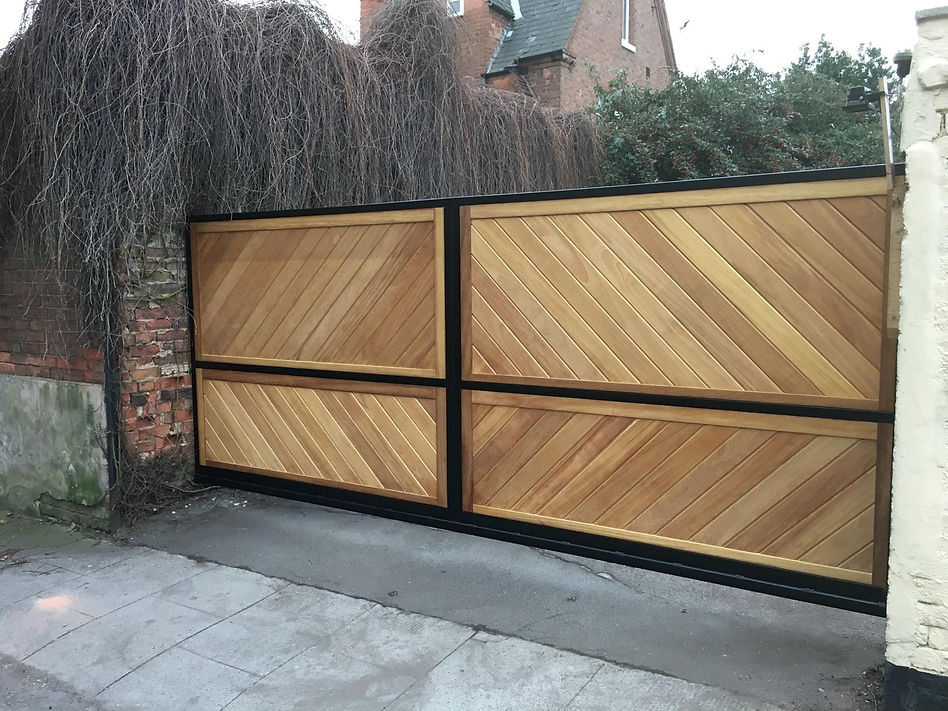 wooden electric gate with black accents