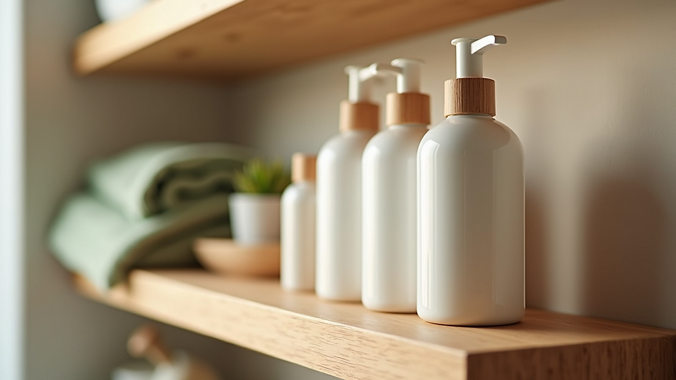 Close-up view of eco-friendly hygiene products on a wooden shelf
