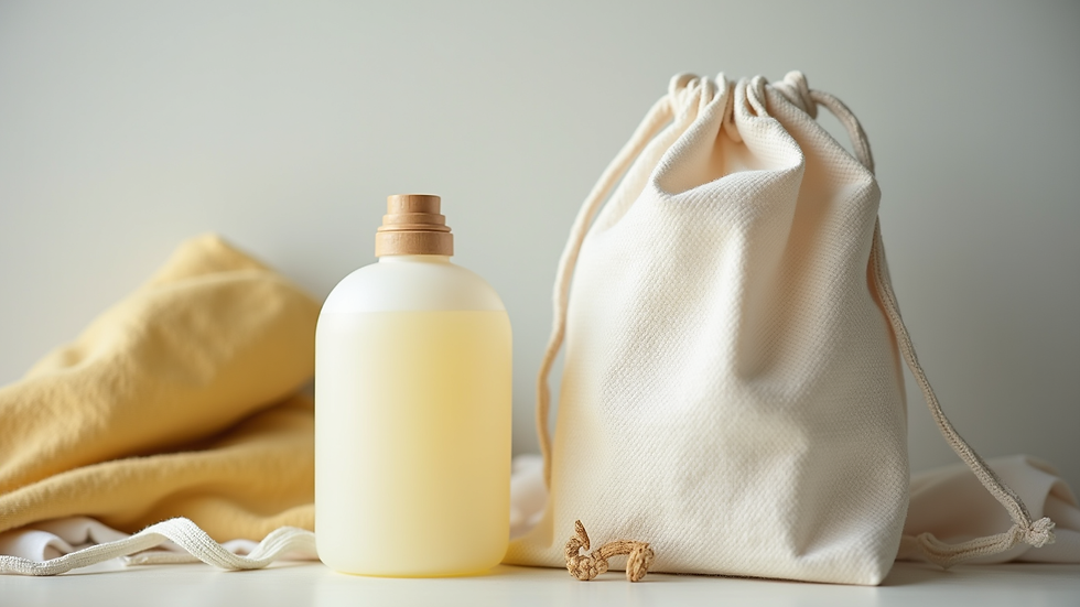 Close-up of eco-friendly laundry detergent bottle and reusable laundry bag