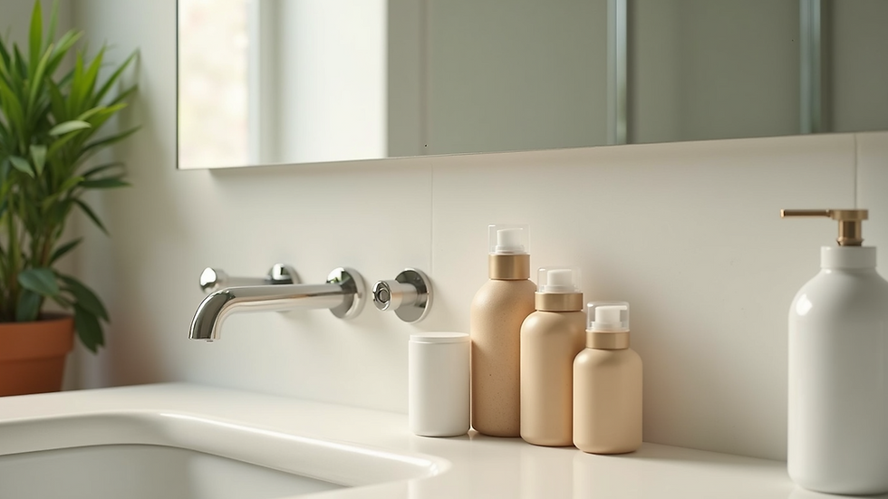 Eye-level view of reusable personal care containers on a bathroom counter