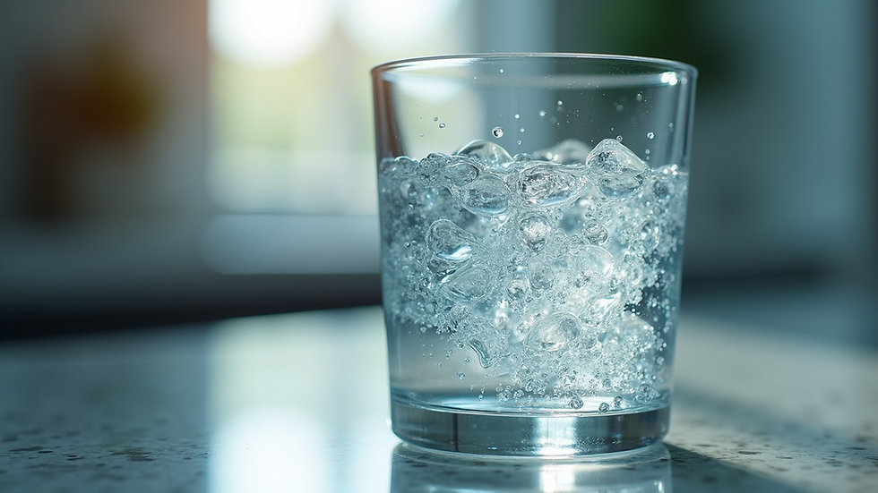 Close-up view of a clear glass filled with sparkling mineral water