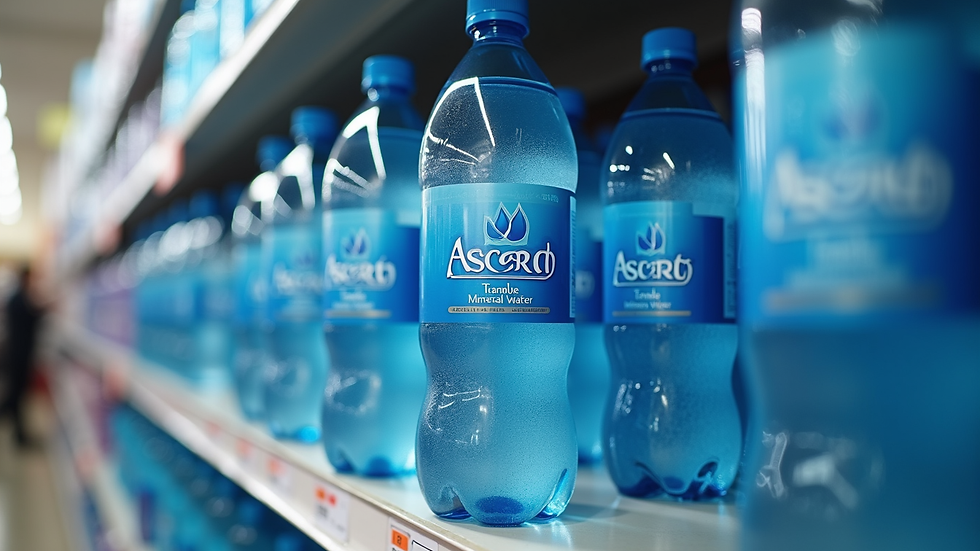 Eye-level view of bottled Ascend Mineral Water on a store shelf