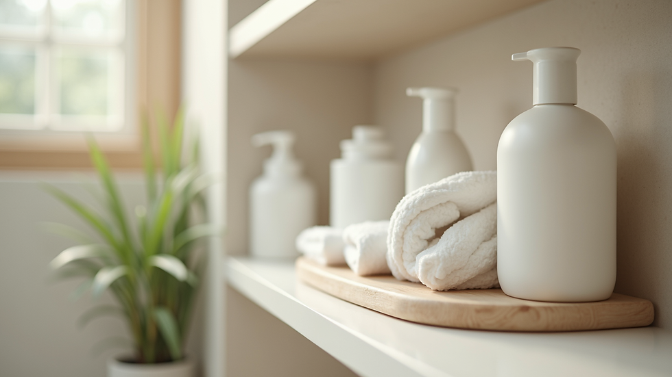 Eye-level view of eco-friendly sanitary products on a bathroom shelf