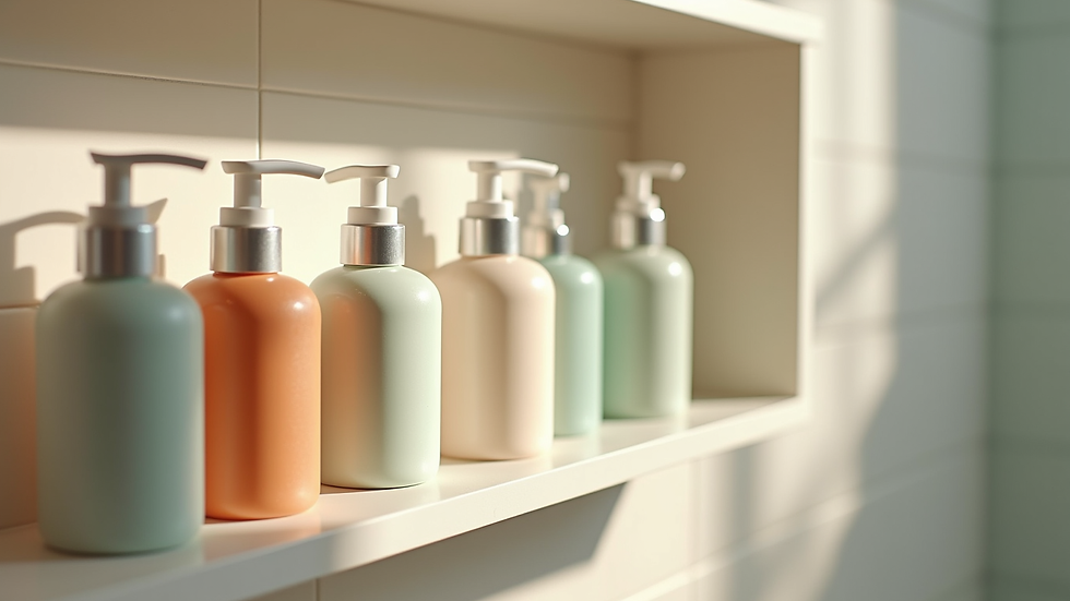 Eye-level view of a bathroom shelf with sustainable hygiene products