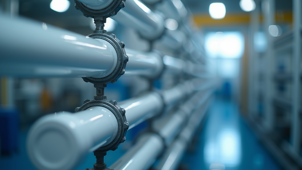 Eye-level view of a water purification system with clear pipes and filters