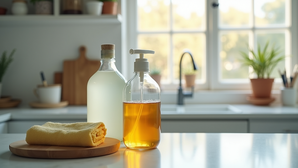 Eye-level view of eco-friendly cleaning supplies on a kitchen counter