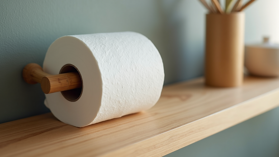 Close-up view of a bamboo toilet paper roll on a bathroom shelf