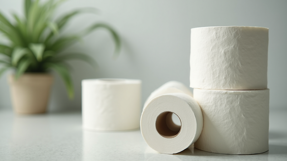 Eye-level view of eco-friendly toilet paper rolls stacked neatly