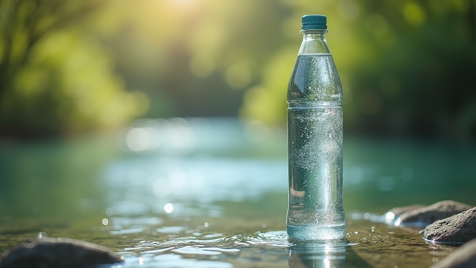 Close-up view of a mineral water bottle with natural spring background