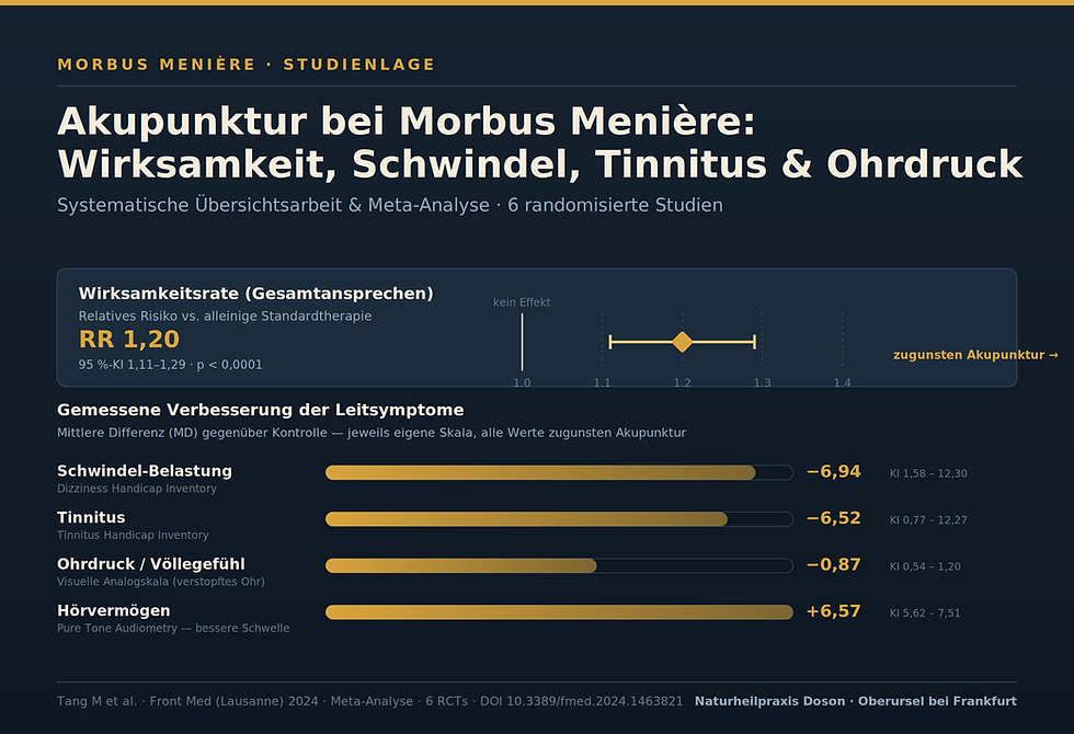 Forest Plot: Akupunktur bei Morbus Menière verbessert Wirksamkeit (RR 1,20) und lindert Schwindel (DHI), Tinnitus (THI) und Ohrdruck – Meta-Analyse, 6 Studien (Tang et al. 2024)