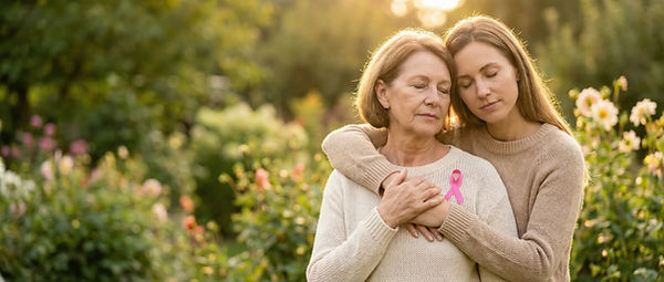 Pink Ribbon" mit ruhiger, warmer Atmosphäre, idealerweise eine Frau in mittlerem Alter, friedlich, von hinten oder im Profil. Keine medizinische Klinik-Optik. Suchbegriffe für AdobeStock: "breast cancer survivor woman peaceful nature