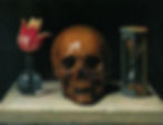 A Renaissance painting of a skull, flanked by a flower and an hourglass.