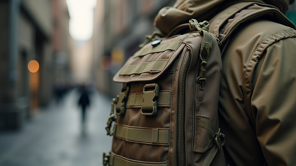 Close-up view of tactical backpack with MOLLE webbing