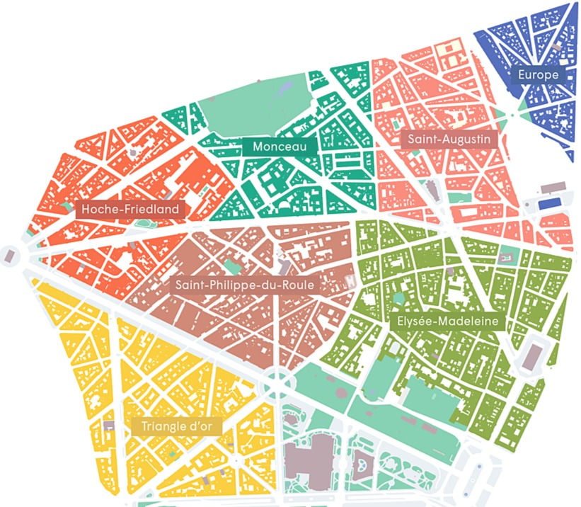 La carte des 7 Conseils de quartier du 8e arrondissement (source : site de la Mairie du 8e).