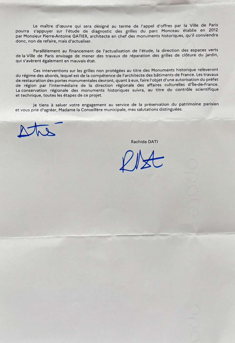 Le verso du courrier de la ministre de la Culture.