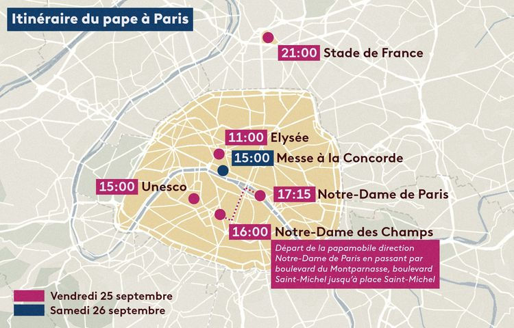 L'itinéraire du Pape à Paris les 25 et 26 septembre (source : France Info).
