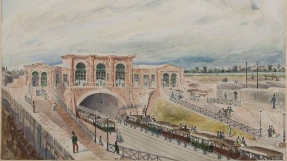 L’embarcadère de l’Ouest, d’après un document d’époque romantique appartenant à M. PEREIRE. 